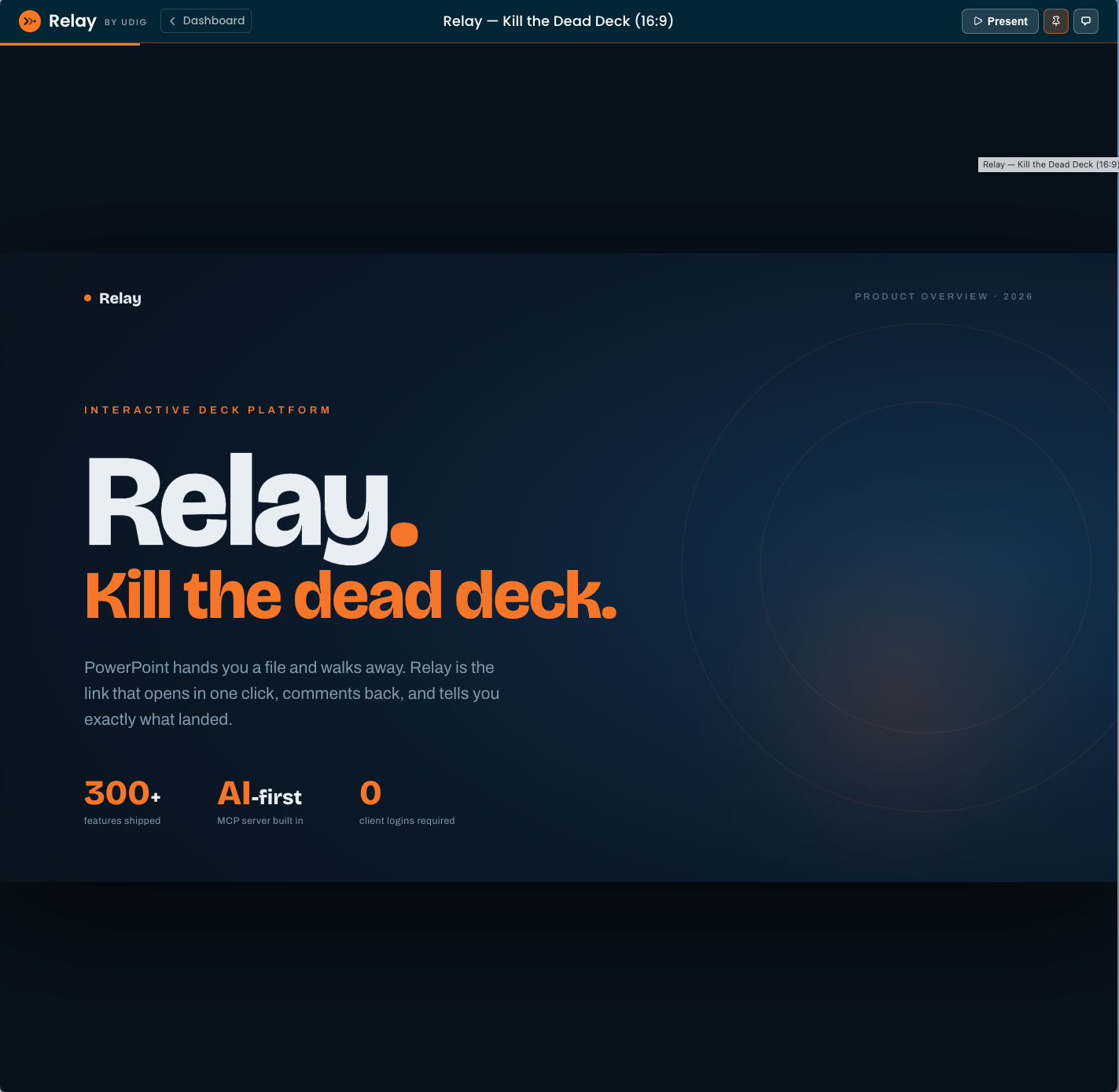 Relay artifact viewer presenting an interactive deck, with view, comment and present controls.